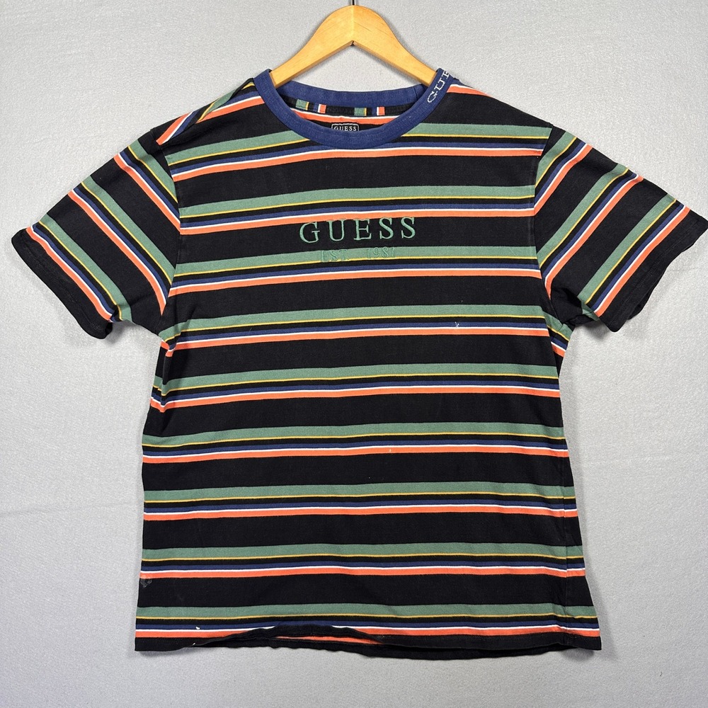 Vintage Guess Jeans Striped T-Shirt Mens Medium Y2K Embroidered Logo Black Multi